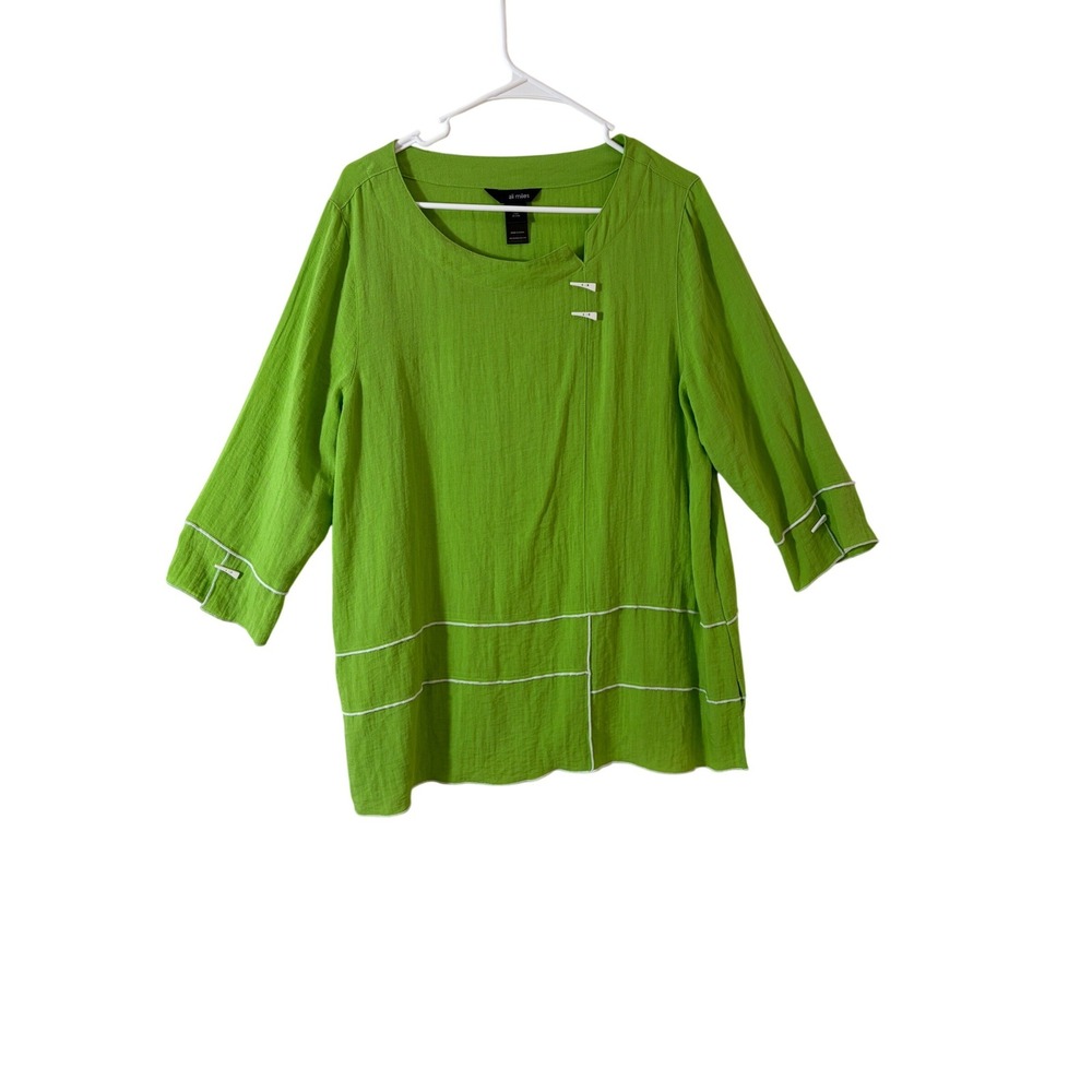Ali Miles Lime Green Textured 3/4 Sleeve Blouse Contrast Stitching Toggle L